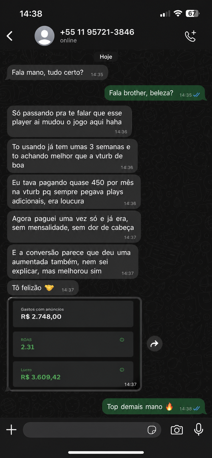 Depoimento via WhatsApp de cliente do ScaliFy mostrando ROAS 2.31 e lucro de R$ 3.609,42